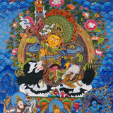 Singha Zambhala thangka with deity riding snow lion on blue background
