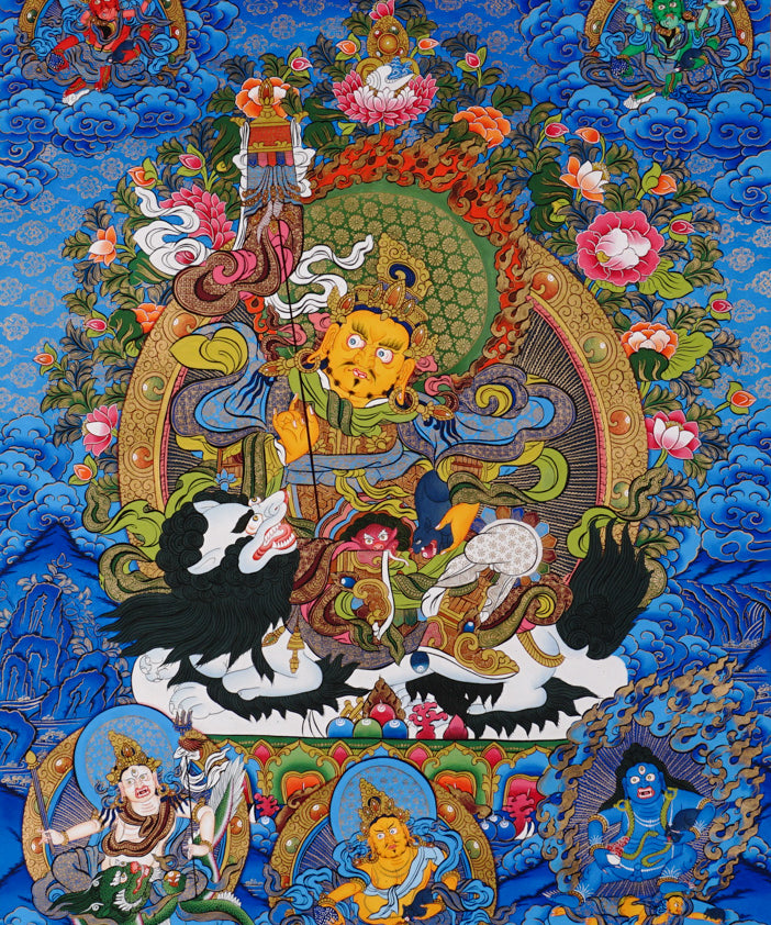 Singha Zambhala thangka with deity riding snow lion on blue background