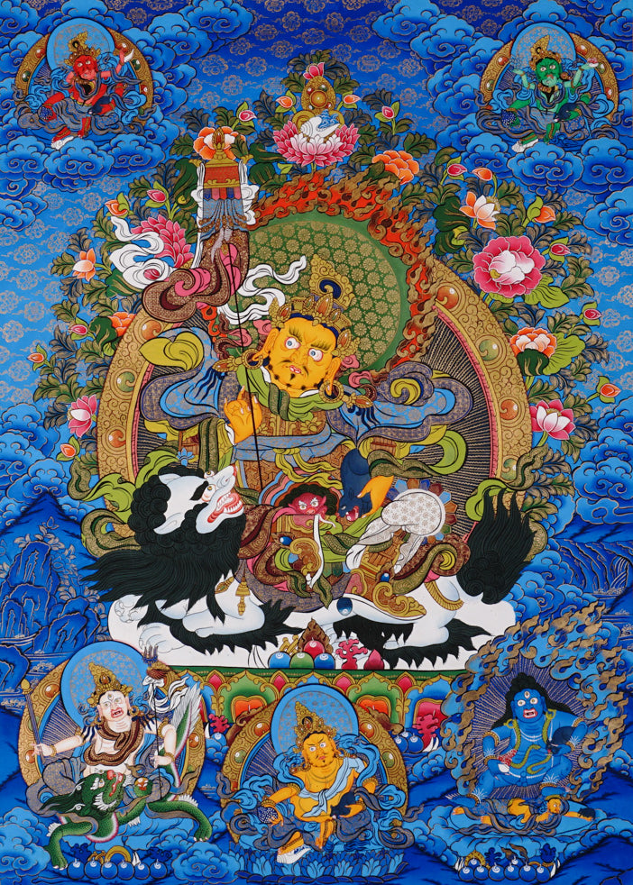 Singha Zambhala thangka with deity riding snow lion on blue background