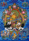 Singha Zambhala thangka with deity riding snow lion on blue background