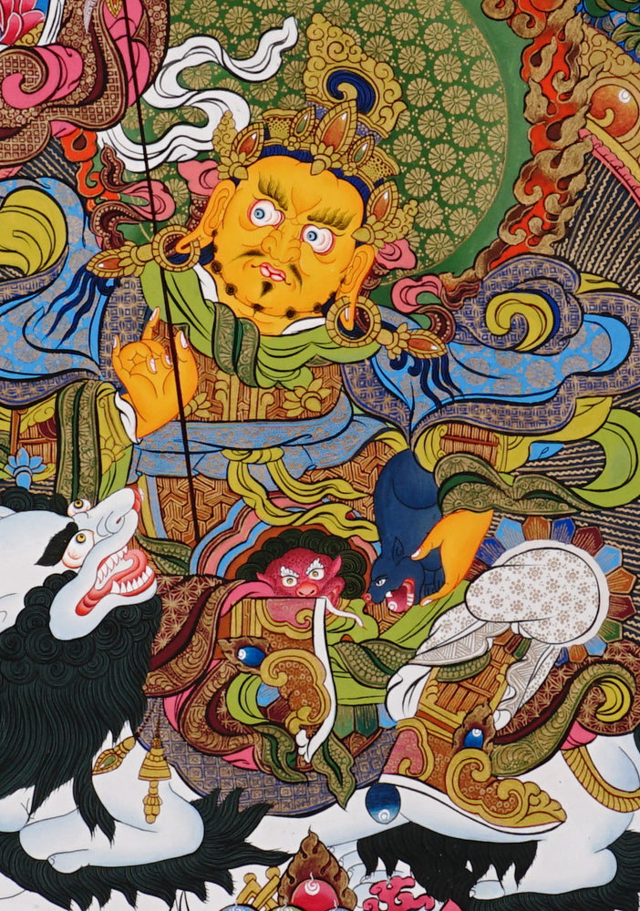 Singha Zambhala thangka with deity riding snow lion on blue background