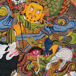 Singha Zambhala thangka with deity riding snow lion on blue background
