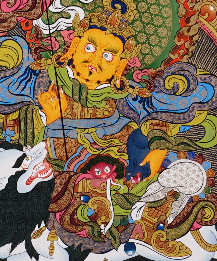 Singha Zambhala thangka with deity riding snow lion on blue background