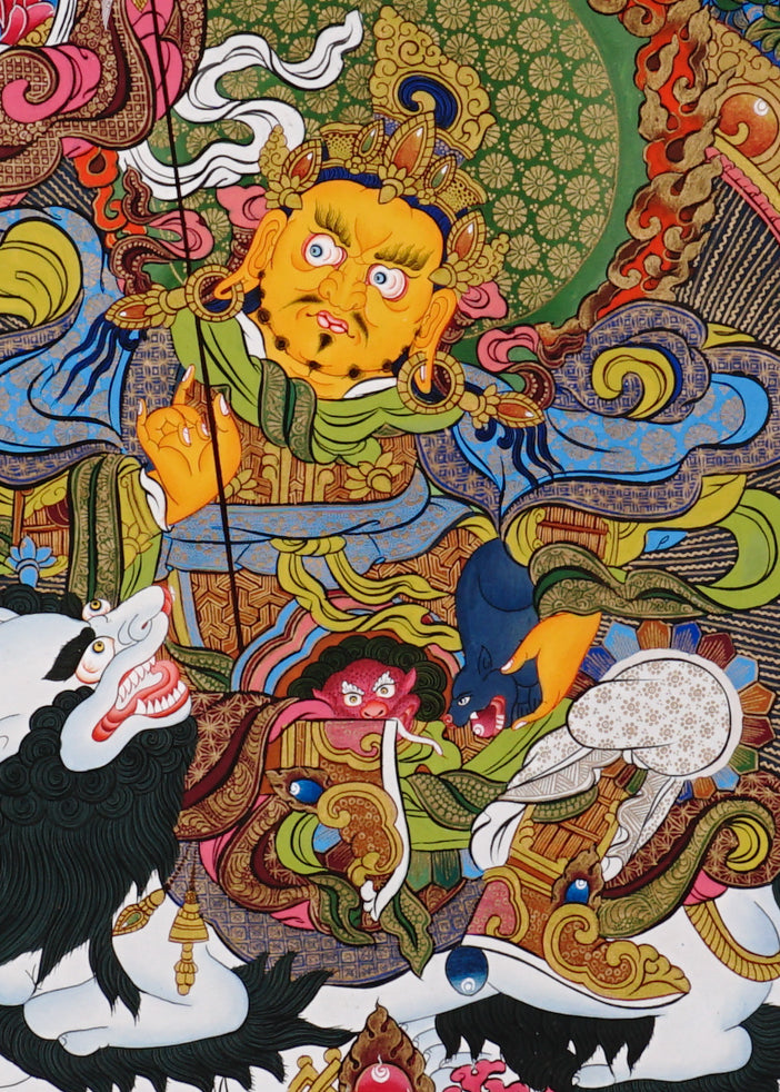 Singha Zambhala thangka with deity riding snow lion on blue background