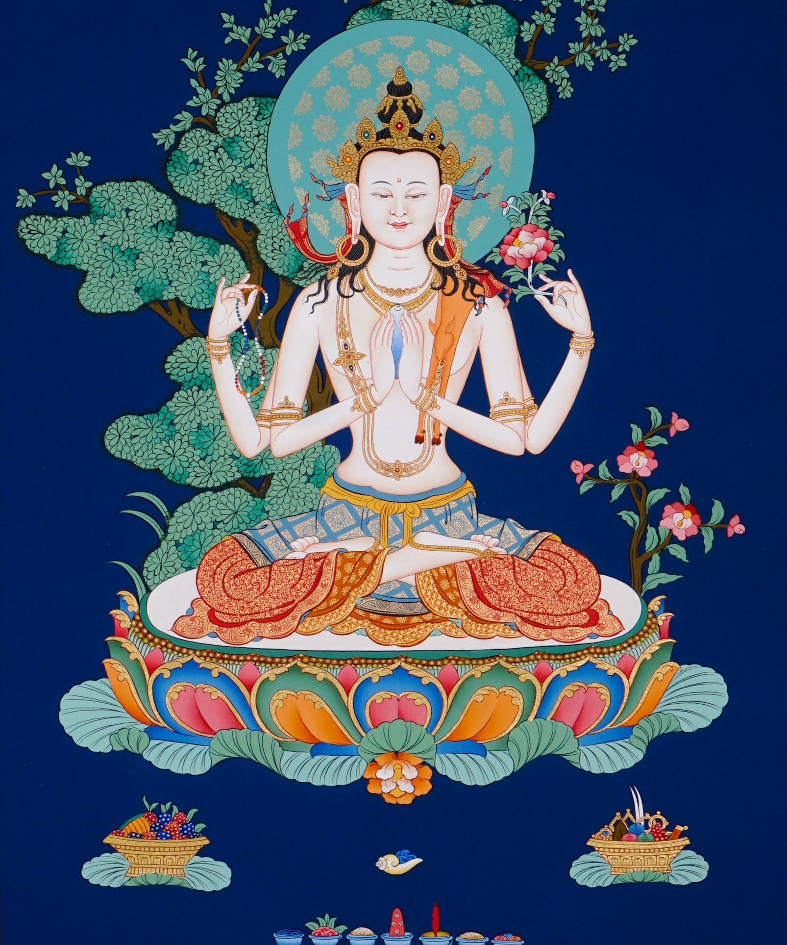 four armed chenrezig hand painted tibetan thangka