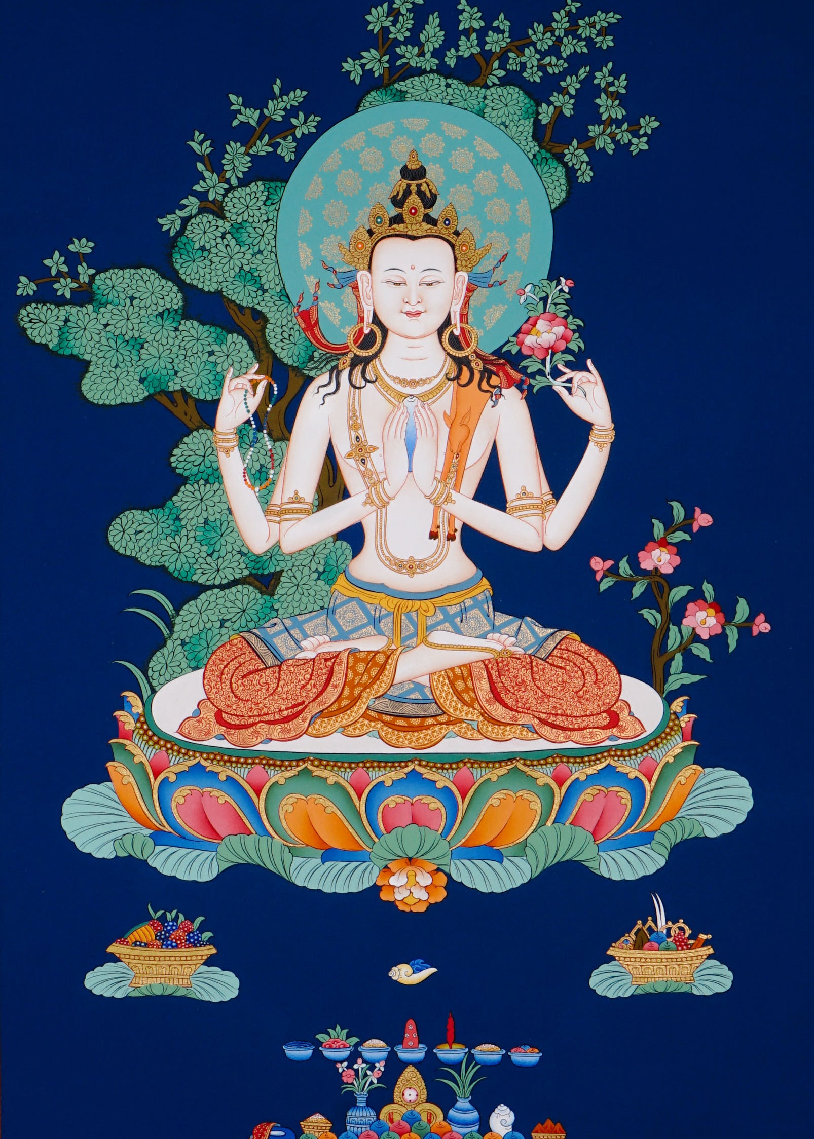 four armed chenrezig hand painted tibetan thangka