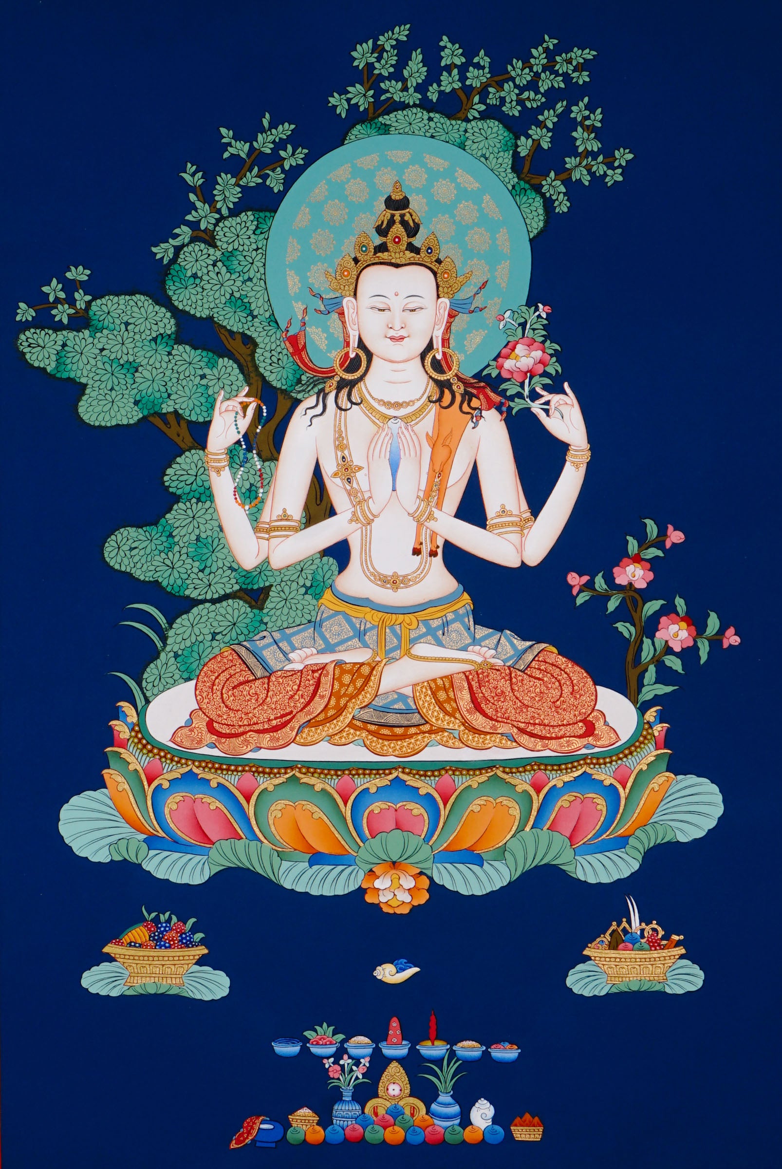 four armed chenrezig hand painted tibetan thangka