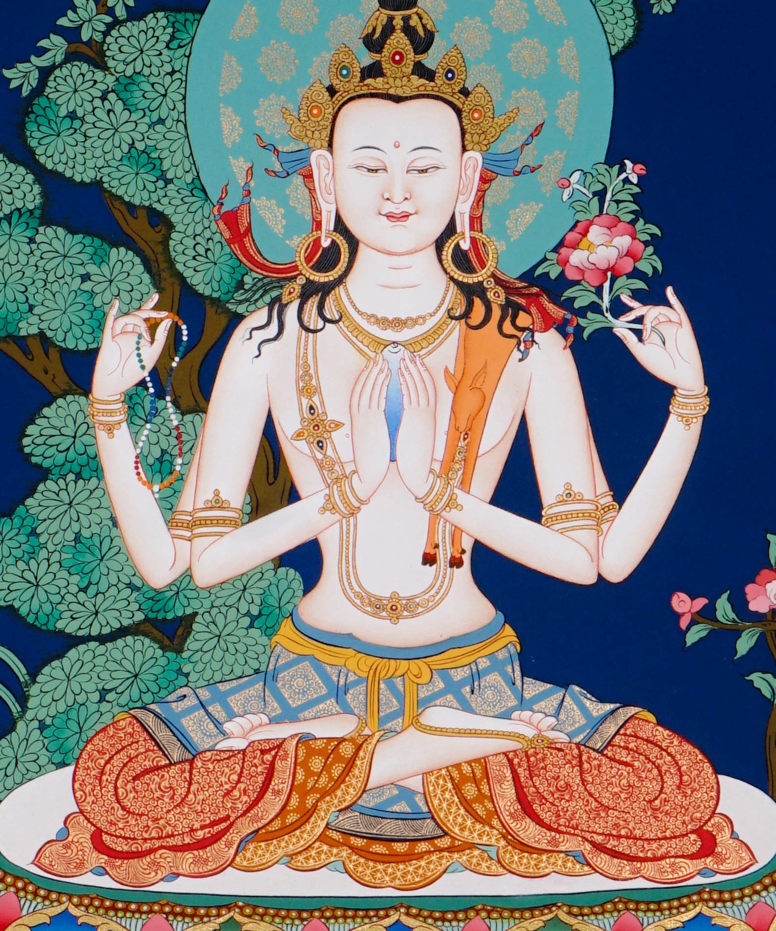 four armed chenrezig hand painted tibetan thangka