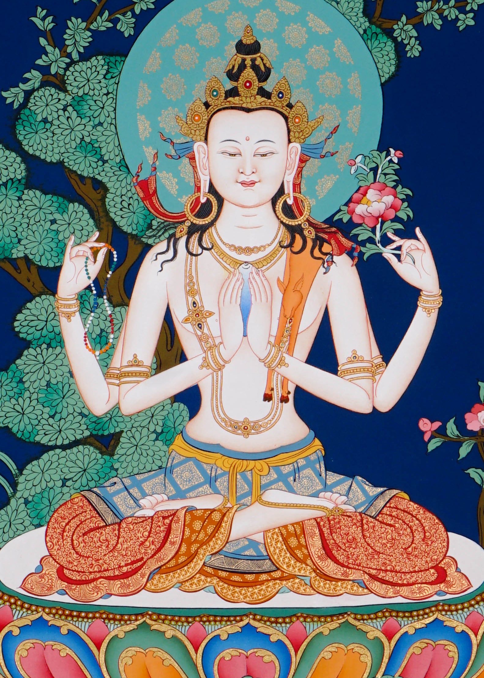 four armed chenrezig hand painted tibetan thangka
