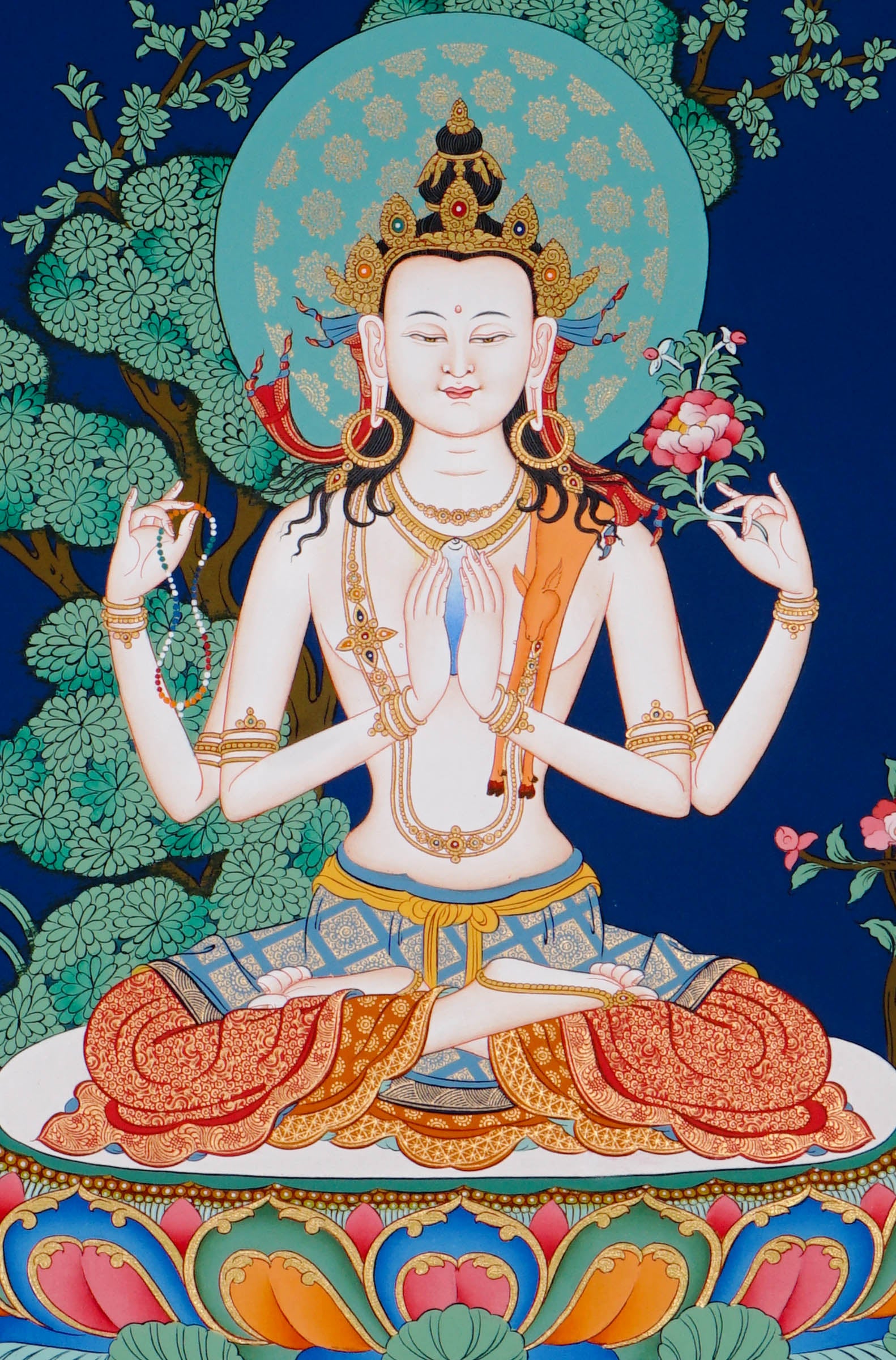 four armed chenrezig hand painted tibetan thangka