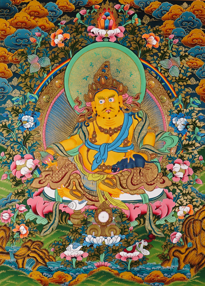 Yellow Zambhala thangka with prosperity deity seated on lotus throne