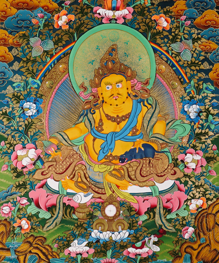 Yellow Zambhala thangka with prosperity deity seated on lotus throne