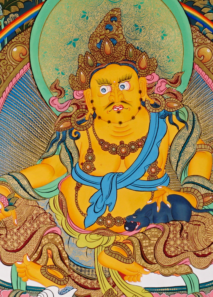 Yellow Zambhala thangka with prosperity deity seated on lotus throne