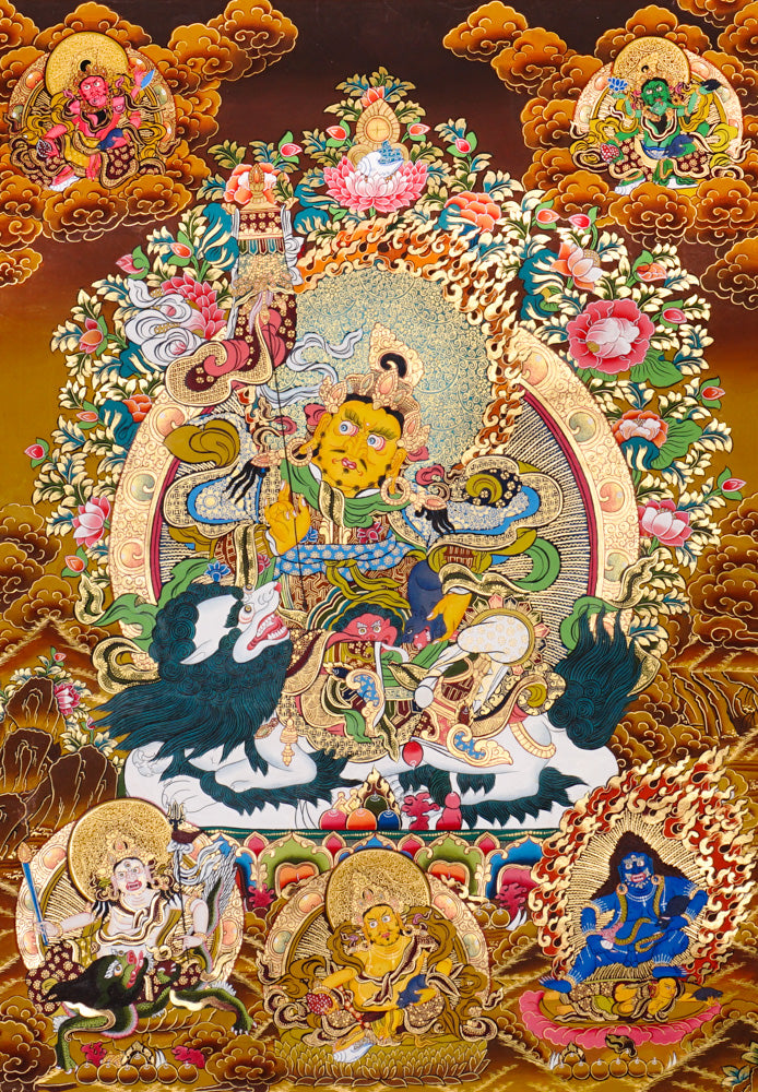 SIngh Zambhala thangka with Yellow Zambhala riding snow lion with golden background