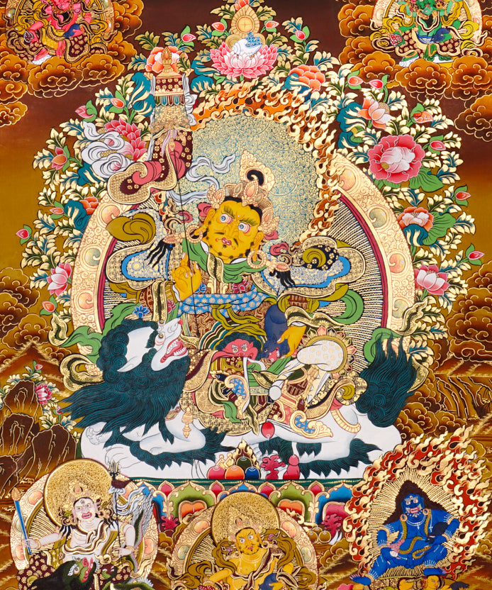 SIngh Zambhala thangka with Yellow Zambhala riding snow lion with golden background