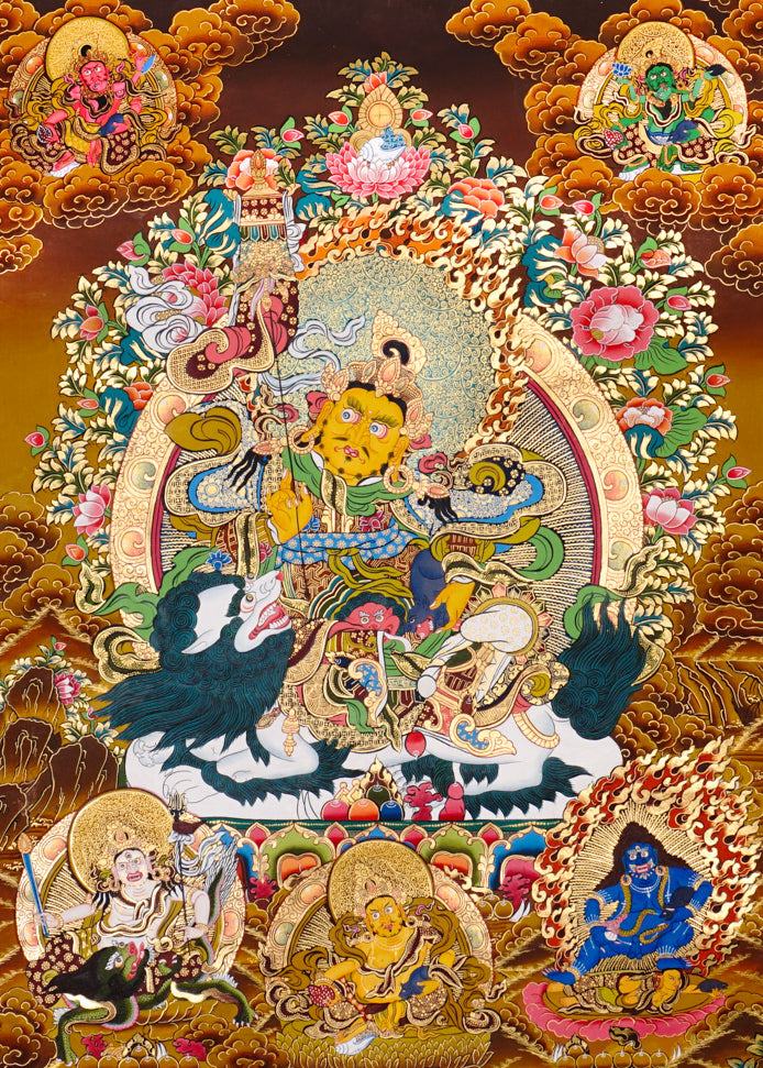 SIngh Zambhala thangka with Yellow Zambhala riding snow lion with golden background