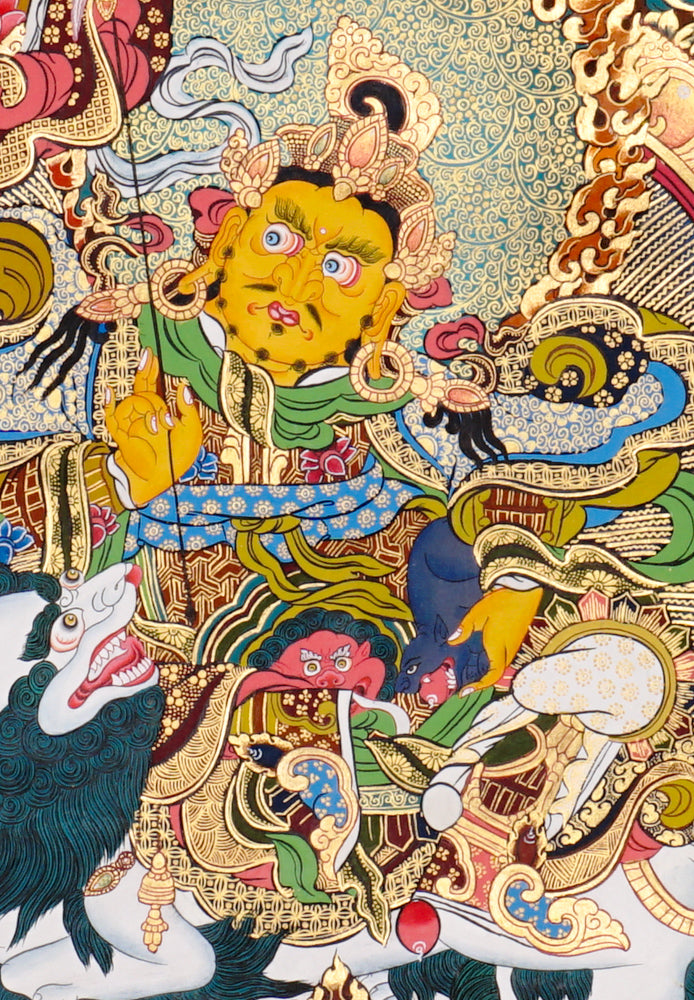 SIngh Zambhala thangka with Yellow Zambhala riding snow lion with golden background