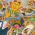 SIngh Zambhala thangka with Yellow Zambhala riding snow lion with golden background