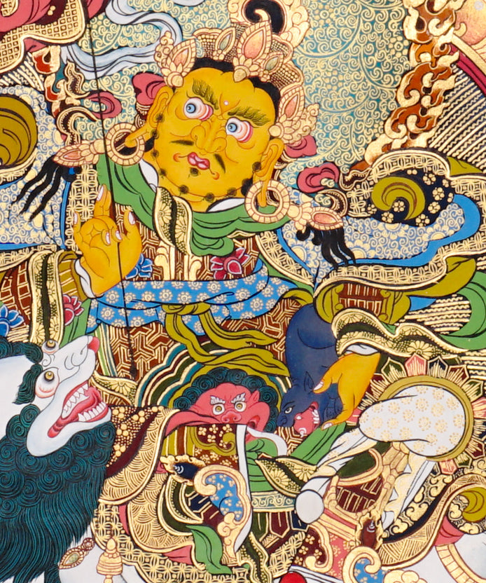 SIngh Zambhala thangka with Yellow Zambhala riding snow lion with golden background