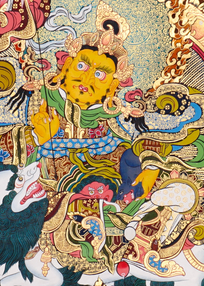 SIngh Zambhala thangka with Yellow Zambhala riding snow lion with golden background