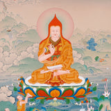 Je Tsongkhapa Buddhist master thangka painting with disciples and sacred offerings