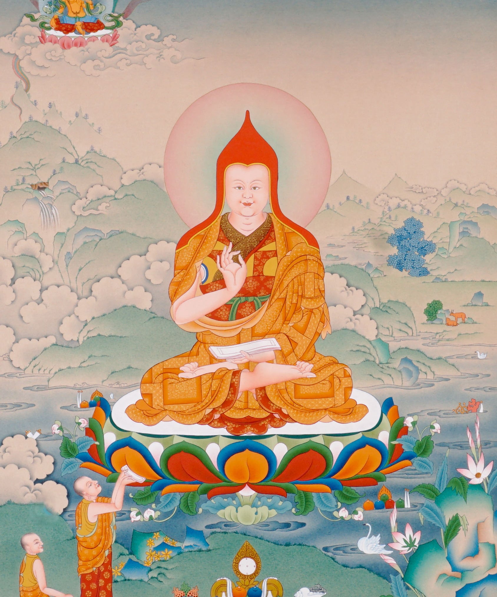 Je Tsongkhapa Buddhist master thangka painting with disciples and sacred offerings