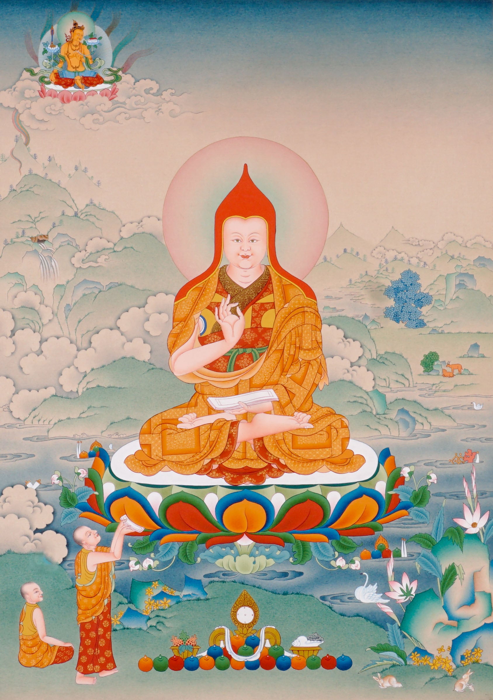 Je Tsongkhapa Buddhist master thangka painting with disciples and sacred offerings