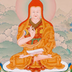 Je Tsongkhapa Buddhist master thangka painting with disciples and sacred offerings
