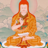 Je Tsongkhapa Buddhist master thangka painting with disciples and sacred offerings