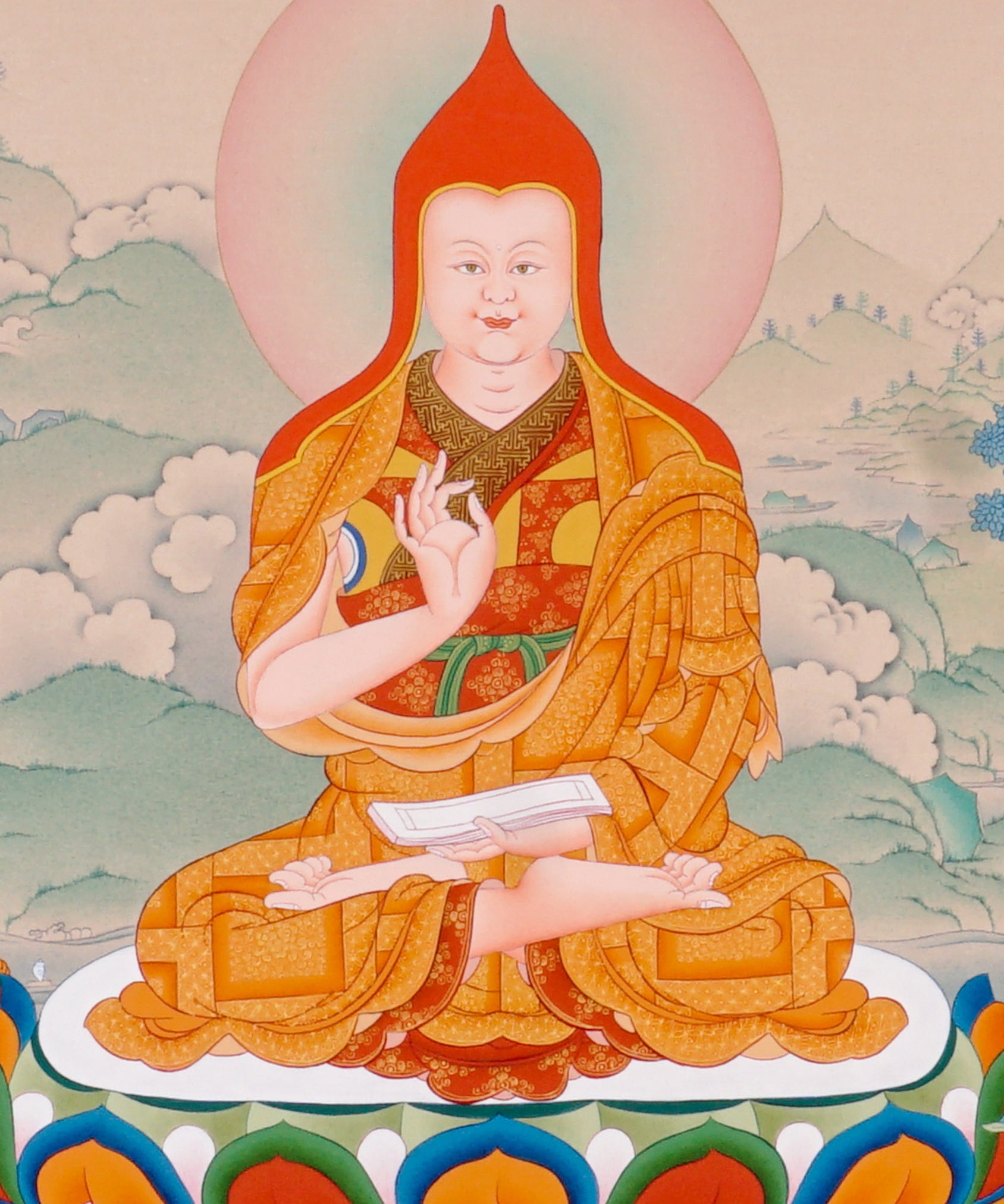Je Tsongkhapa Buddhist master thangka painting with disciples and sacred offerings