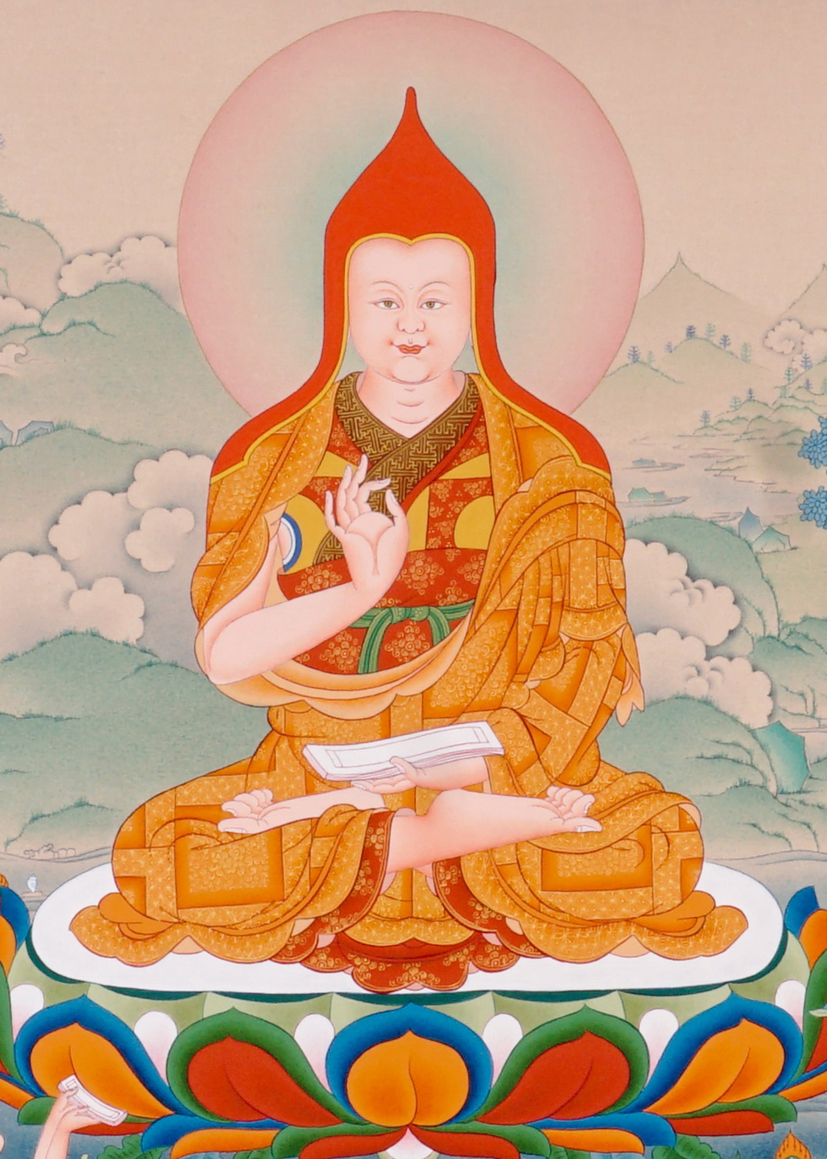 Je Tsongkhapa Buddhist master thangka painting with disciples and sacred offerings