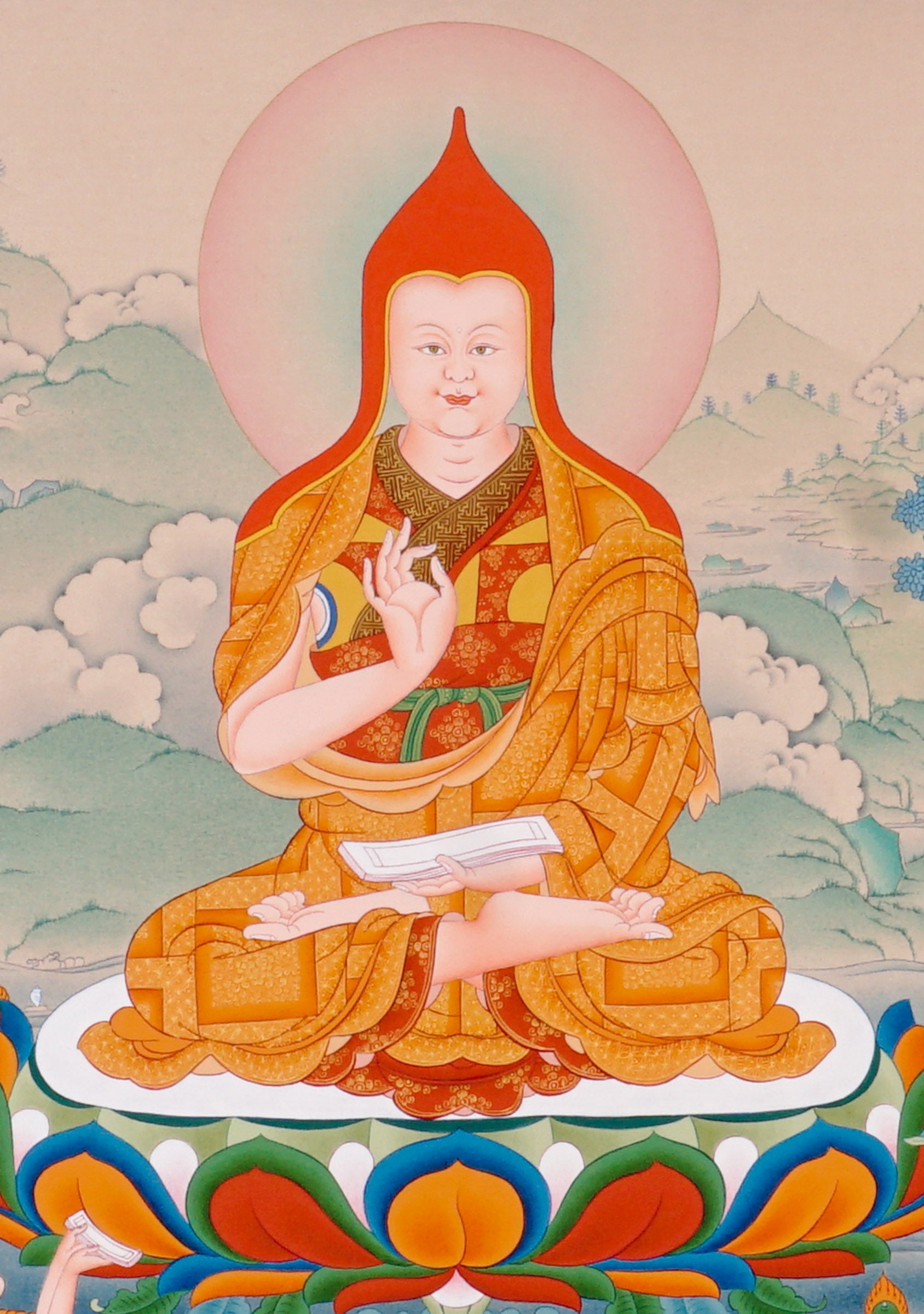 Je Tsongkhapa Buddhist master thangka painting with disciples and sacred offerings