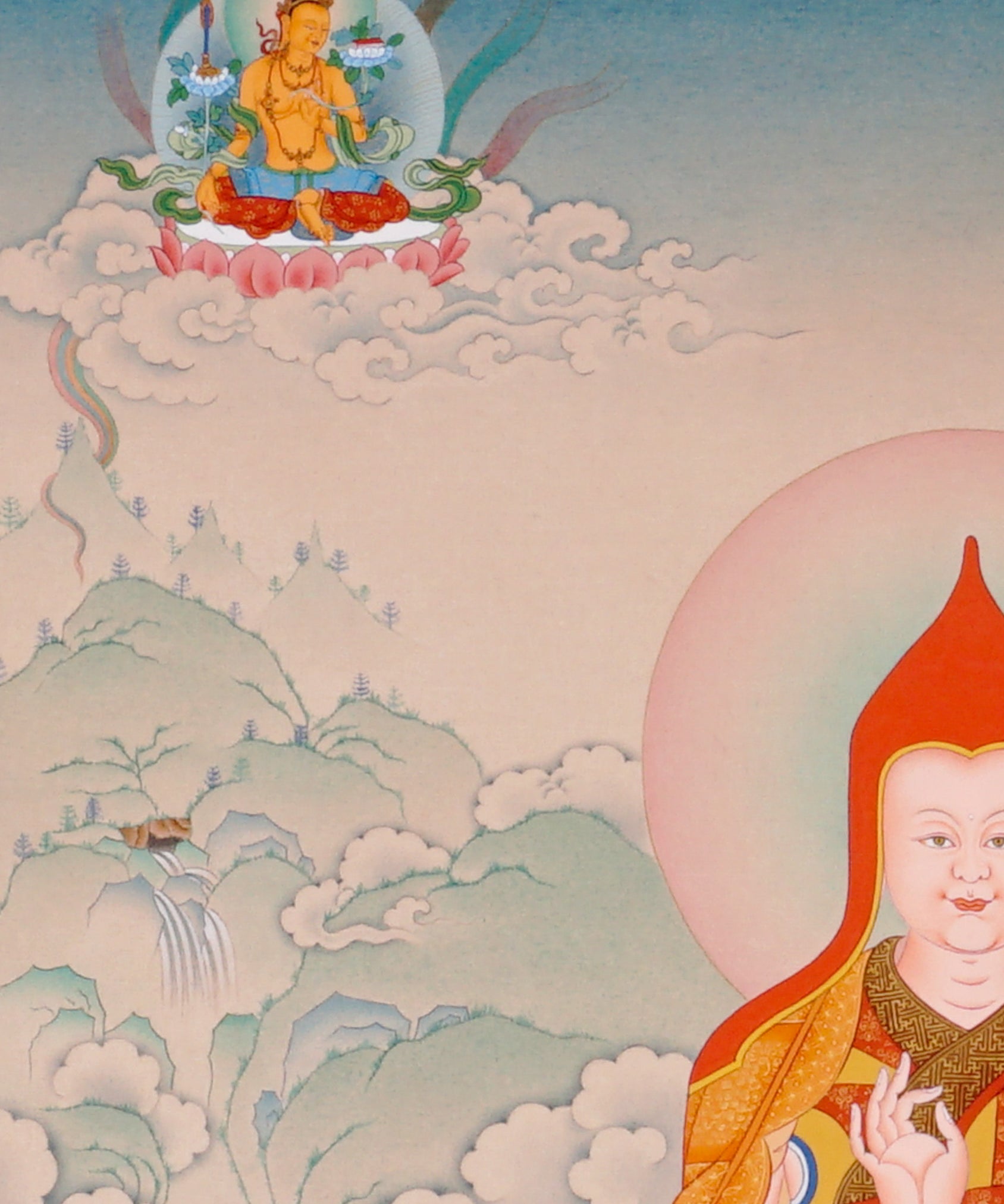 Je Tsongkhapa Buddhist master thangka painting with disciples and sacred offerings