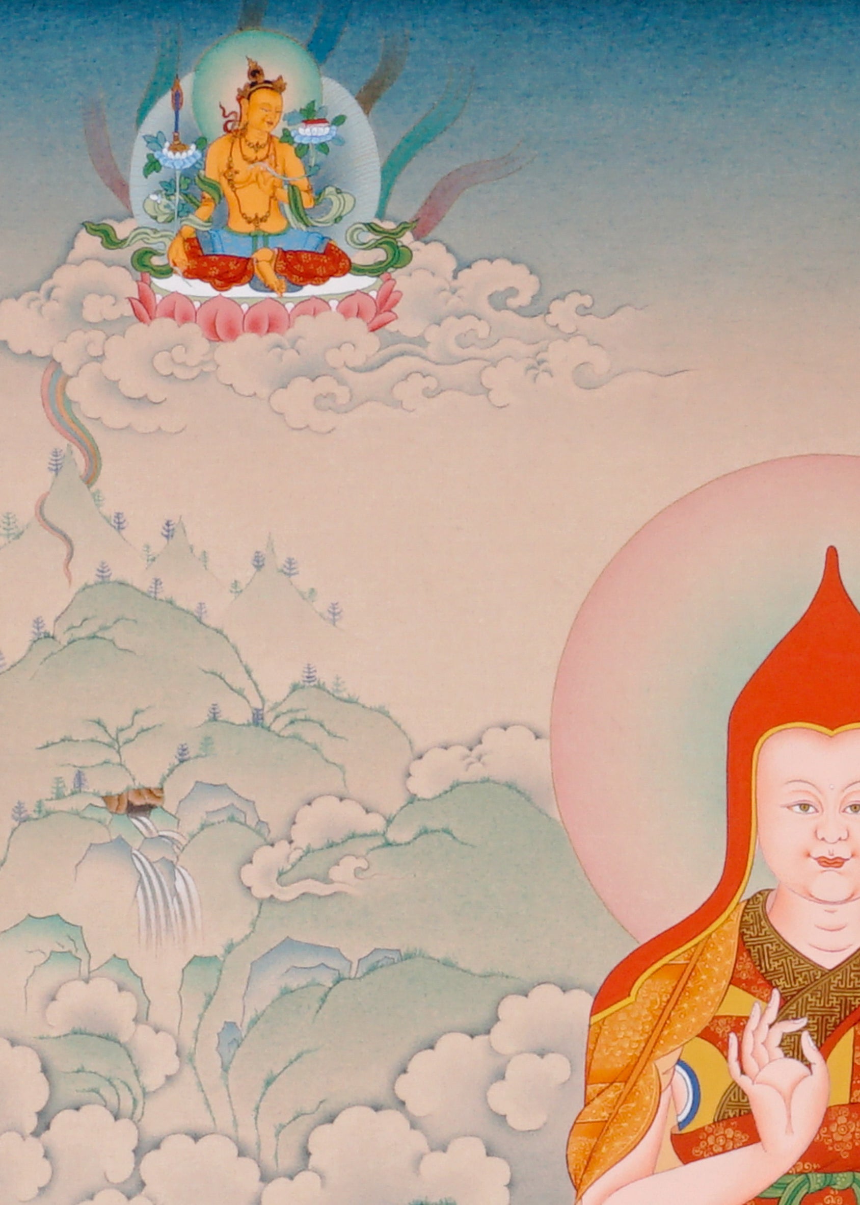 Je Tsongkhapa Buddhist master thangka painting with disciples and sacred offerings