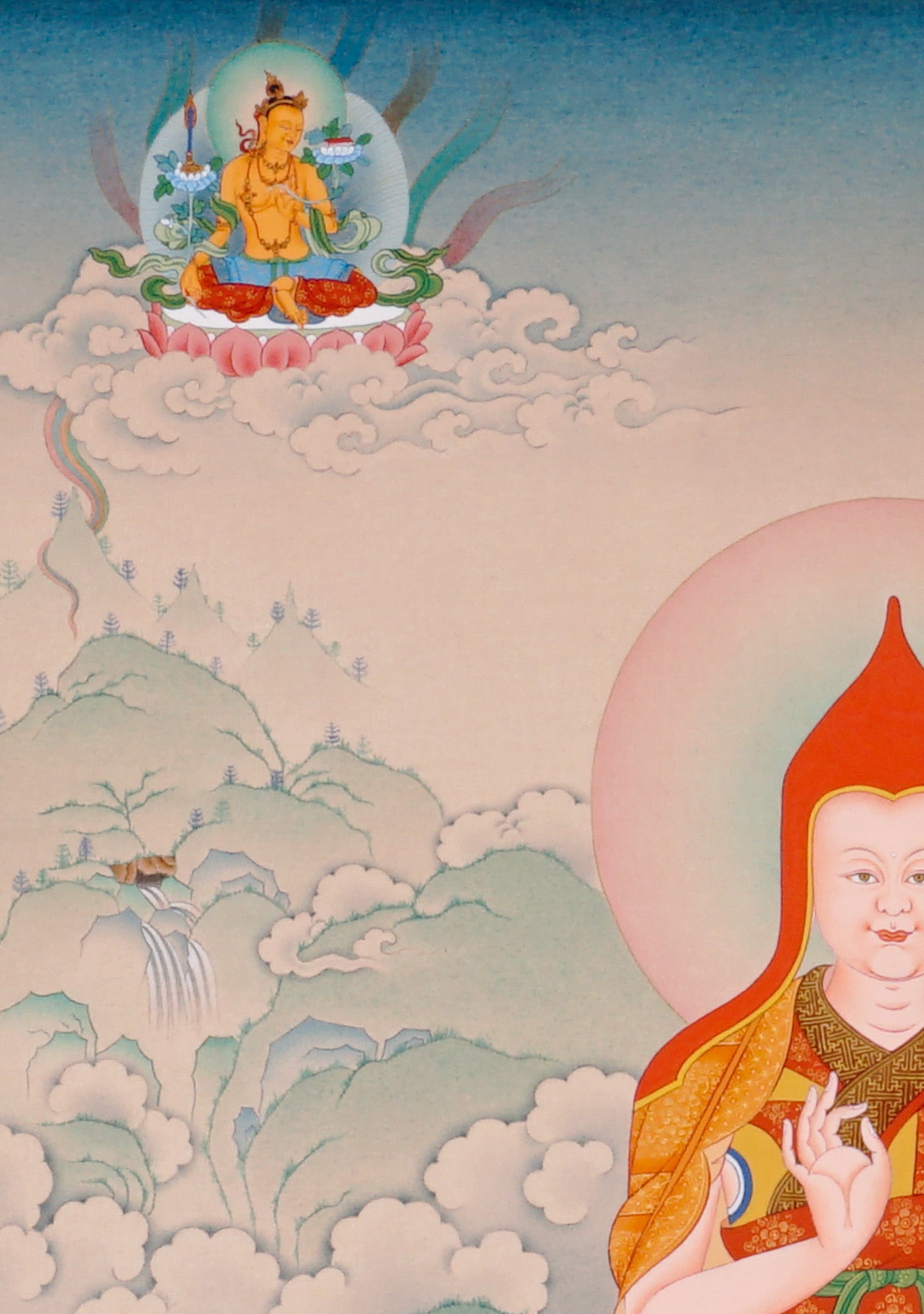Je Tsongkhapa Buddhist master thangka painting with disciples and sacred offerings