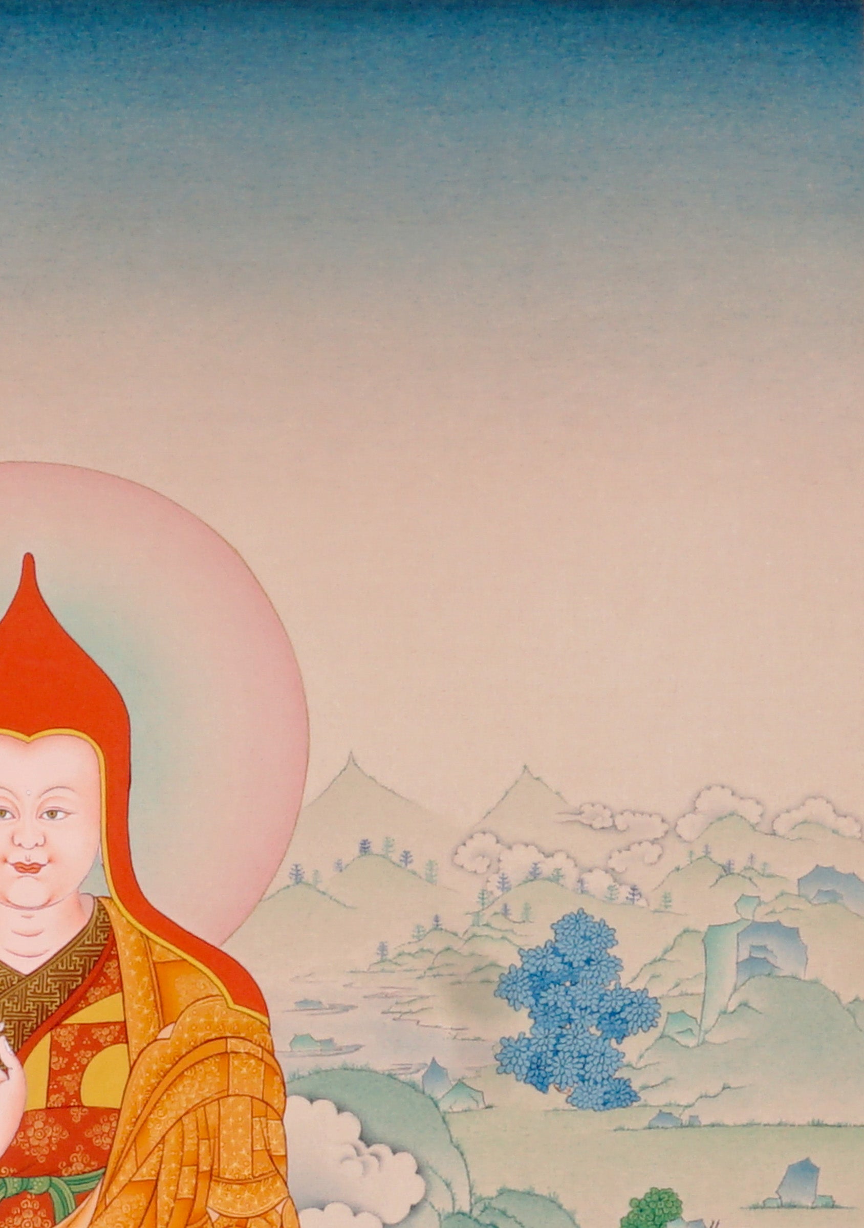 Je Tsongkhapa Buddhist master thangka painting with disciples and sacred offerings