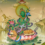 Green Tara thangka painting Tibetan goddess seated on lotus holding blue lotus in detailed Himalayan landscape
