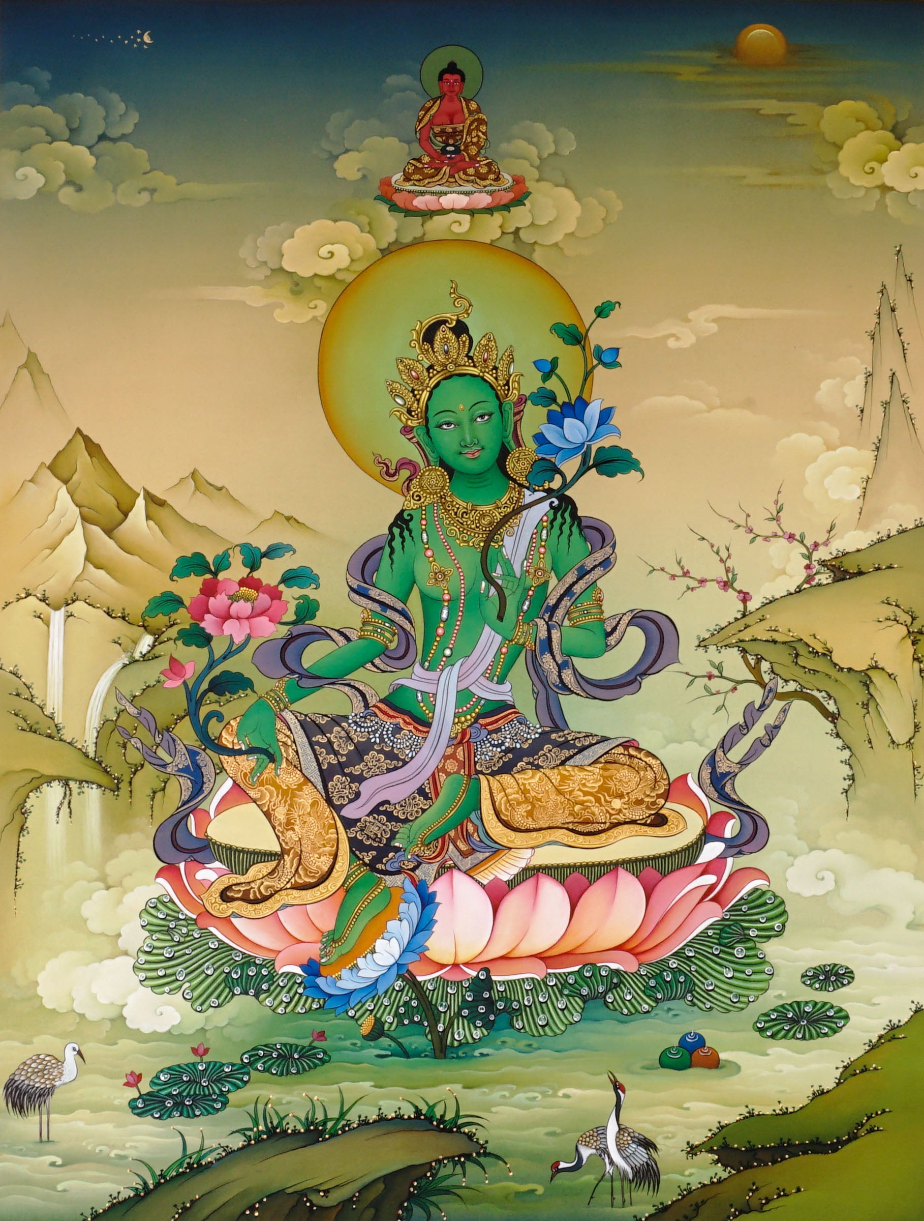 Green Tara thangka painting Tibetan goddess seated on lotus holding blue lotus in detailed Himalayan landscape