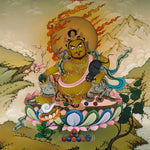 Zambala thangka painting Tibetan wealth deity seated on lotus with mongoose and jewels in traditional Himalayan landscape