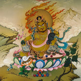 Zambala thangka painting Tibetan wealth deity seated on lotus with mongoose and jewels in traditional Himalayan landscape