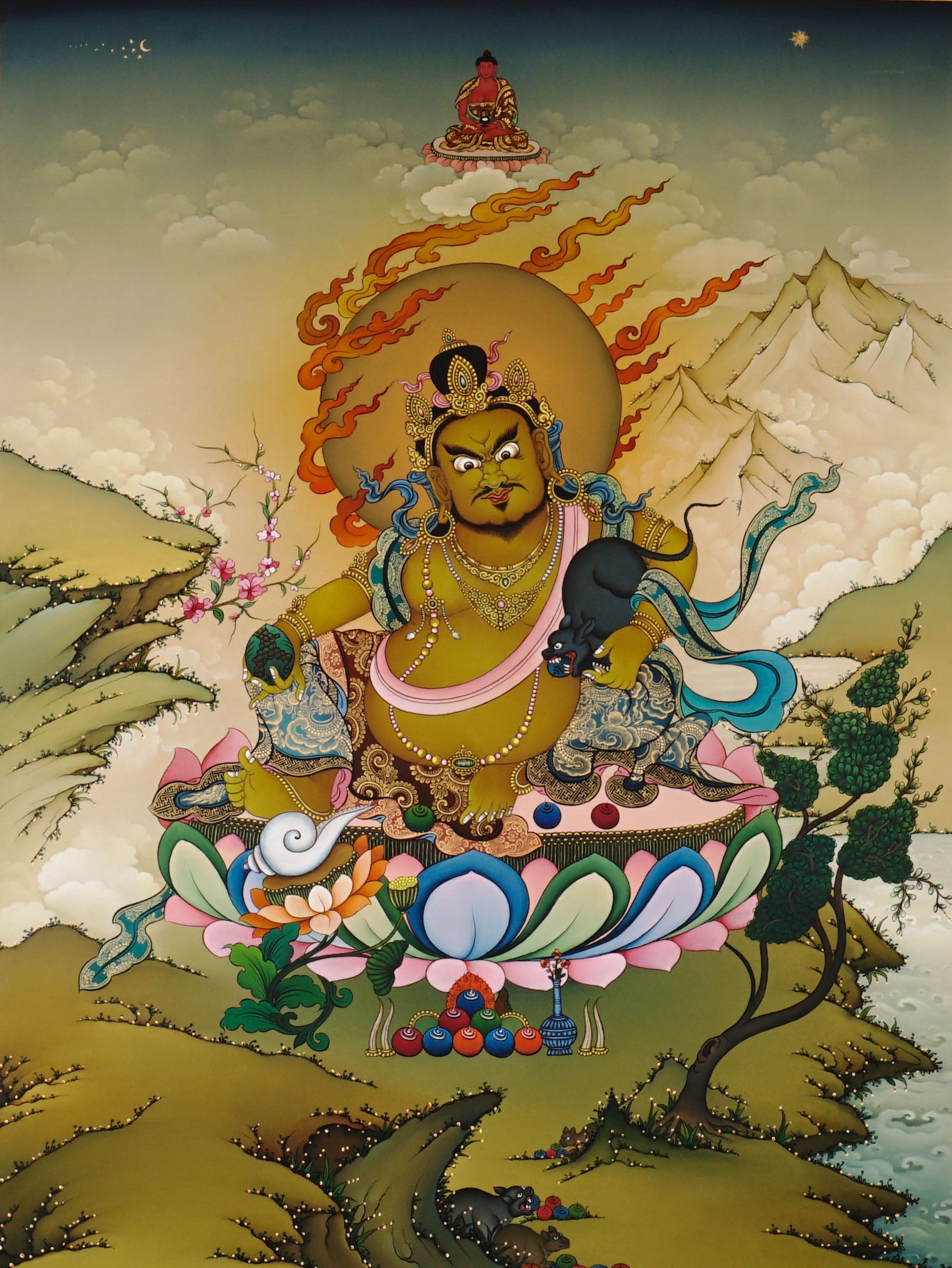 Zambala thangka painting Tibetan wealth deity seated on lotus with mongoose and jewels in traditional Himalayan landscape