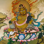 Zambala thangka painting Tibetan wealth deity seated on lotus with mongoose and jewels in traditional Himalayan landscape