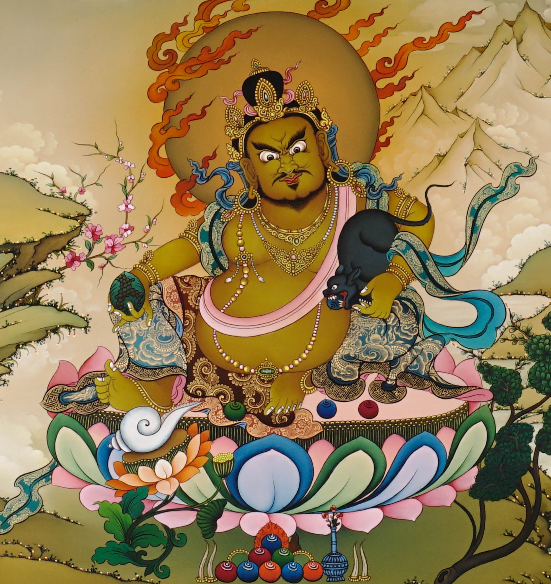 Zambala thangka painting Tibetan wealth deity seated on lotus with mongoose and jewels in traditional Himalayan landscape
