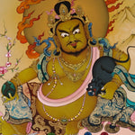 Zambala thangka painting Tibetan wealth deity seated on lotus with mongoose and jewels in traditional Himalayan landscape