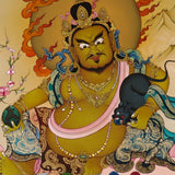 Zambala thangka painting Tibetan wealth deity seated on lotus with mongoose and jewels in traditional Himalayan landscape