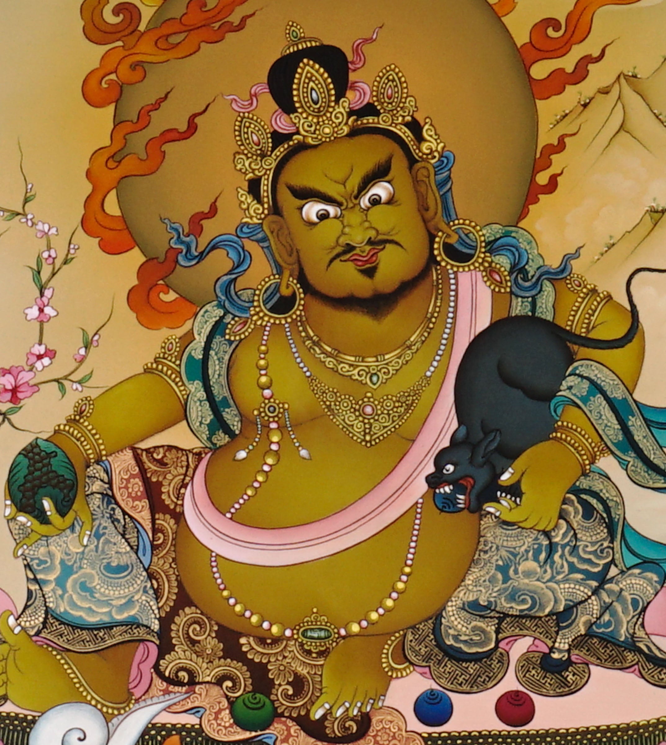 Zambala thangka painting Tibetan wealth deity seated on lotus with mongoose and jewels in traditional Himalayan landscape