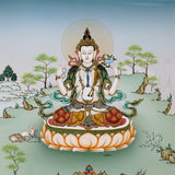 Chenrezig thangka painting Avalokiteshvara seated on lotus with multiple arms and prayer gesture in Himalayan landscape