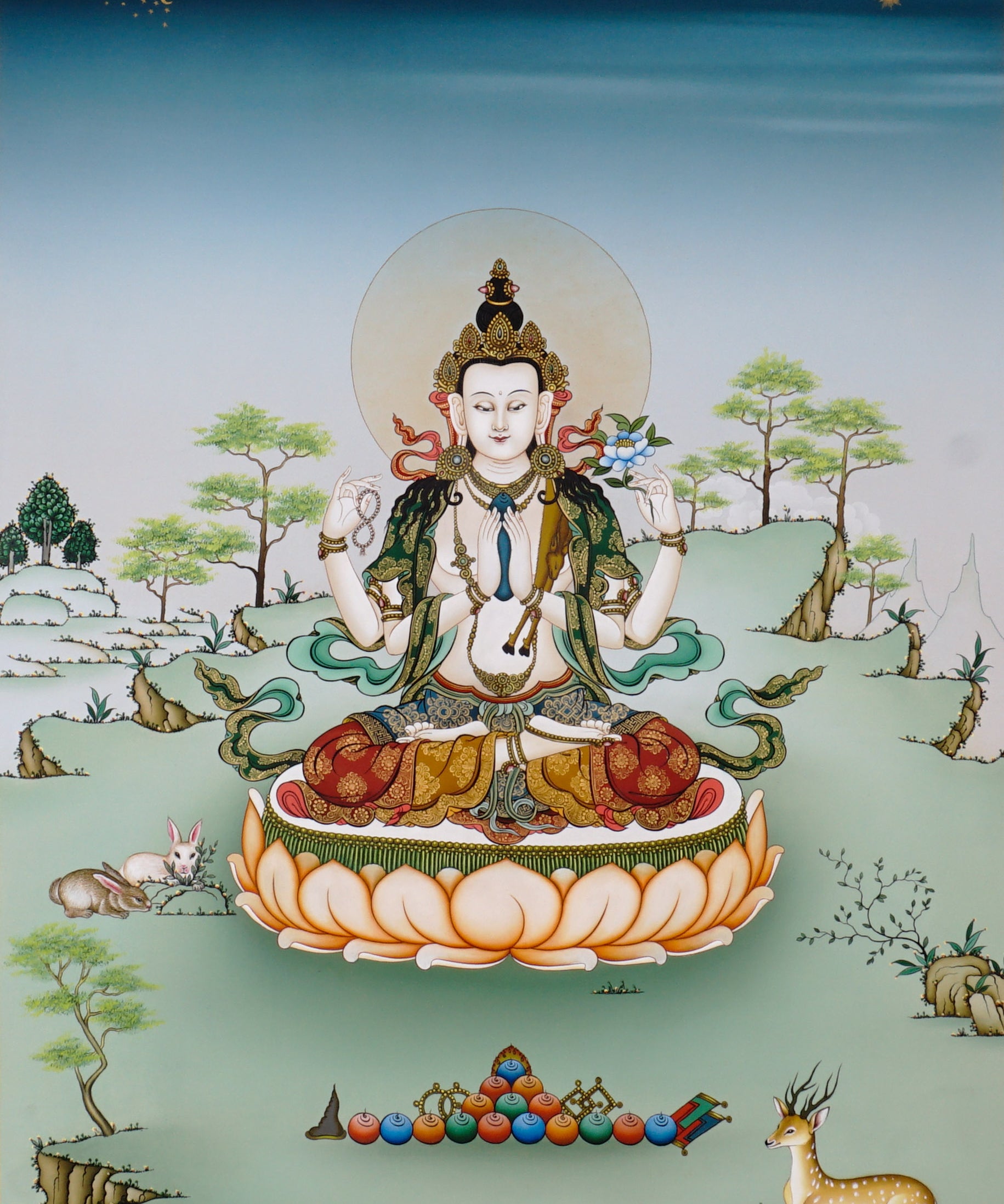 Chenrezig thangka painting Avalokiteshvara seated on lotus with multiple arms and prayer gesture in Himalayan landscape