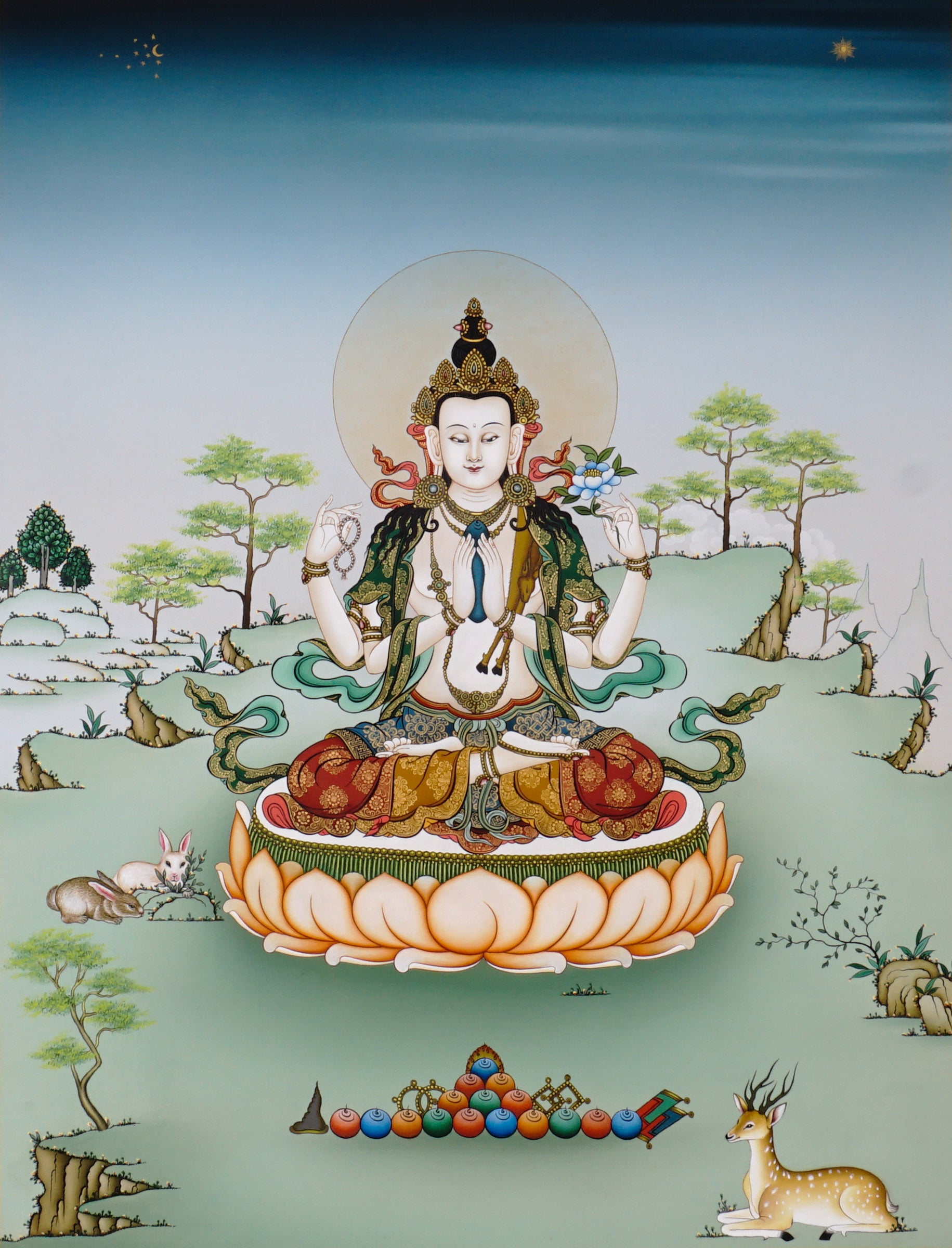 Chenrezig thangka painting Avalokiteshvara seated on lotus with multiple arms and prayer gesture in Himalayan landscape