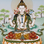 Chenrezig thangka painting Avalokiteshvara seated on lotus with multiple arms and prayer gesture in Himalayan landscape